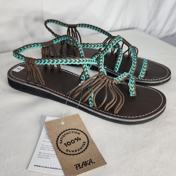 Plaka Shoes - Plaka Braided Thong Sandals Women's Size 9 Brown Teal Ankle Strap